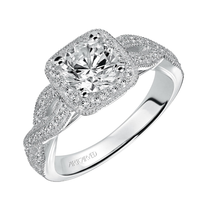 Artcarved Bridal Semi-Mounted with Side Stones Vintage One Love Engagement Ring Lizbeth 14K White Gold