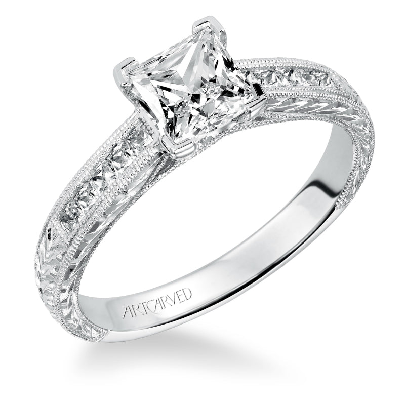 Artcarved Bridal Mounted with CZ Center Vintage Engraved Diamond Engagement Ring Alani 14K White Gold