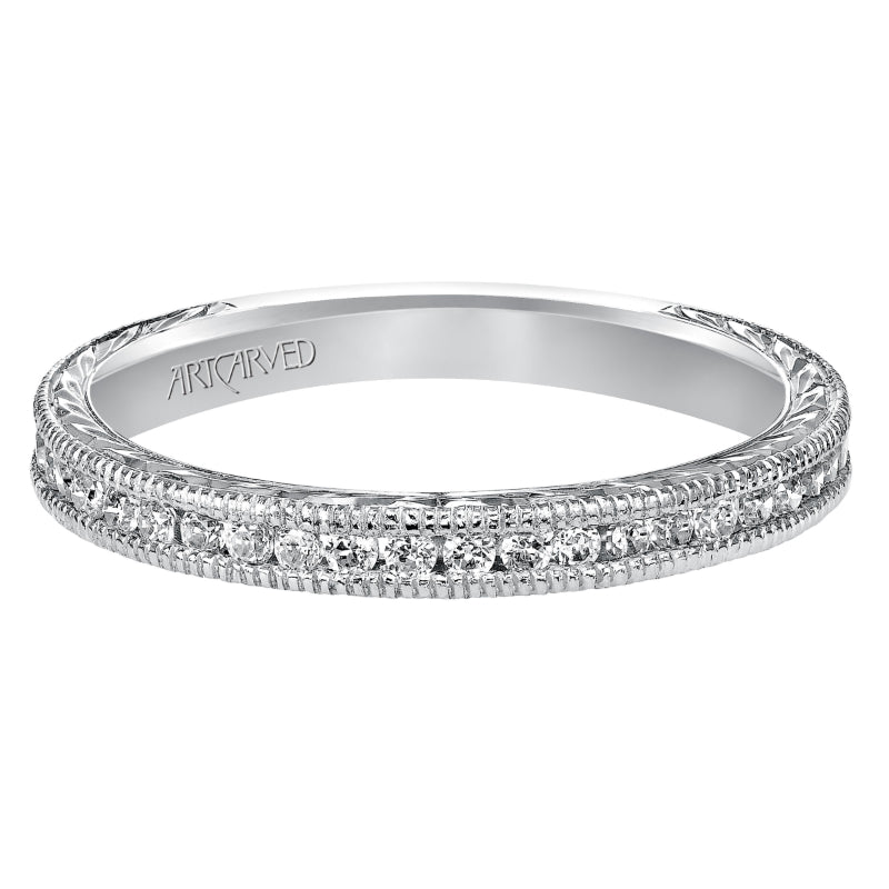 Artcarved Bridal Mounted with Side Stones Vintage Engraved Diamond Wedding Band Zoya 14K White Gold