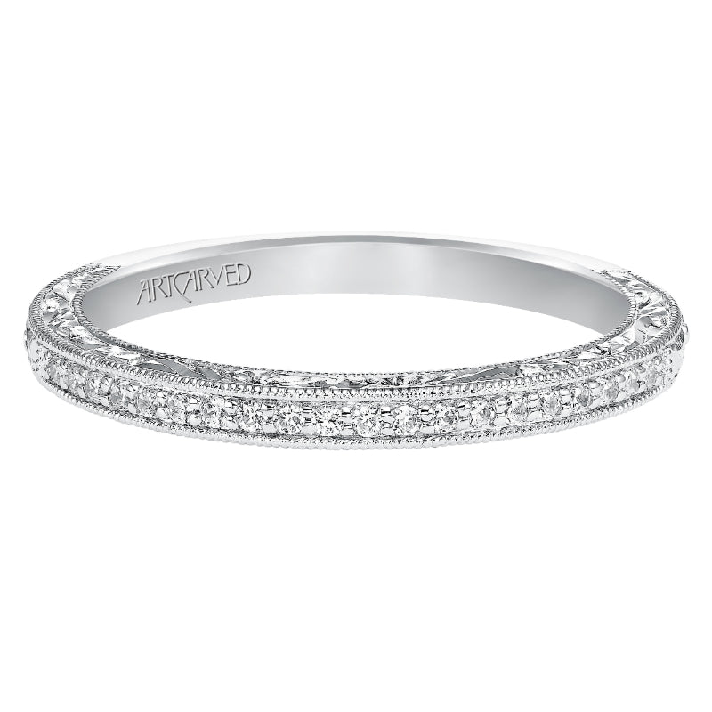 Artcarved Bridal Mounted with Side Stones Vintage Engraved Diamond Wedding Band Julie 14K White Gold