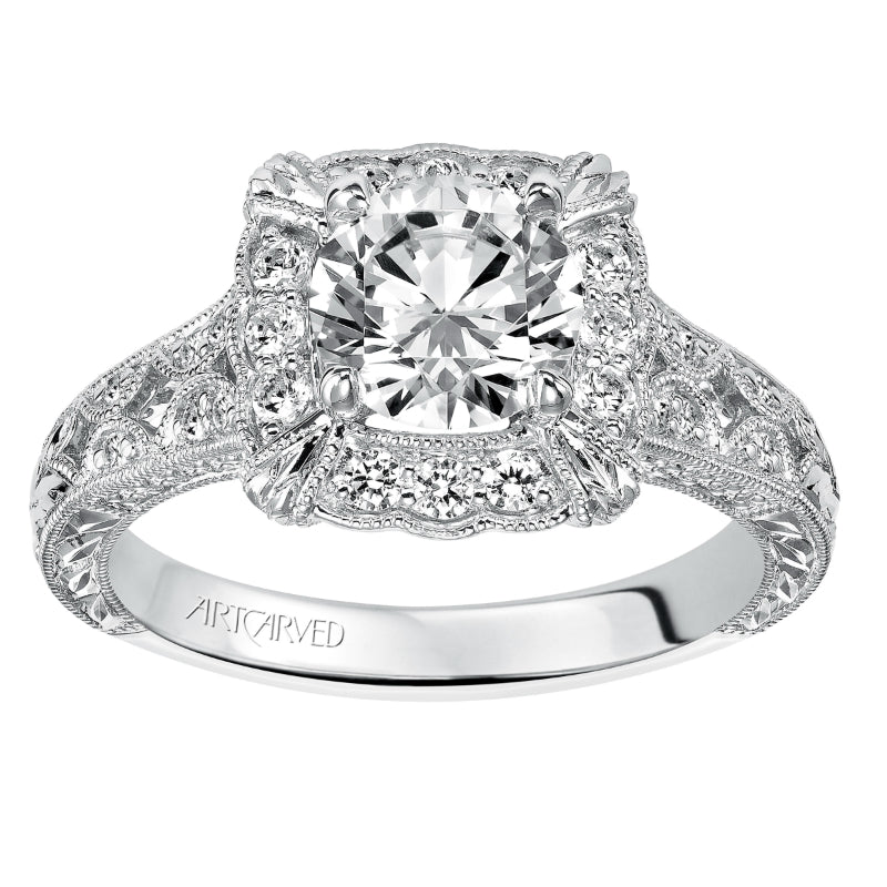 Artcarved Bridal Semi-Mounted with Side Stones Vintage Engraved Diamond Engagement Ring Alura 14K White Gold