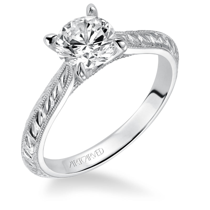 Artcarved Bridal Mounted with CZ Center Vintage Engraved Solitaire Engagement Ring Cherry 18K White Gold