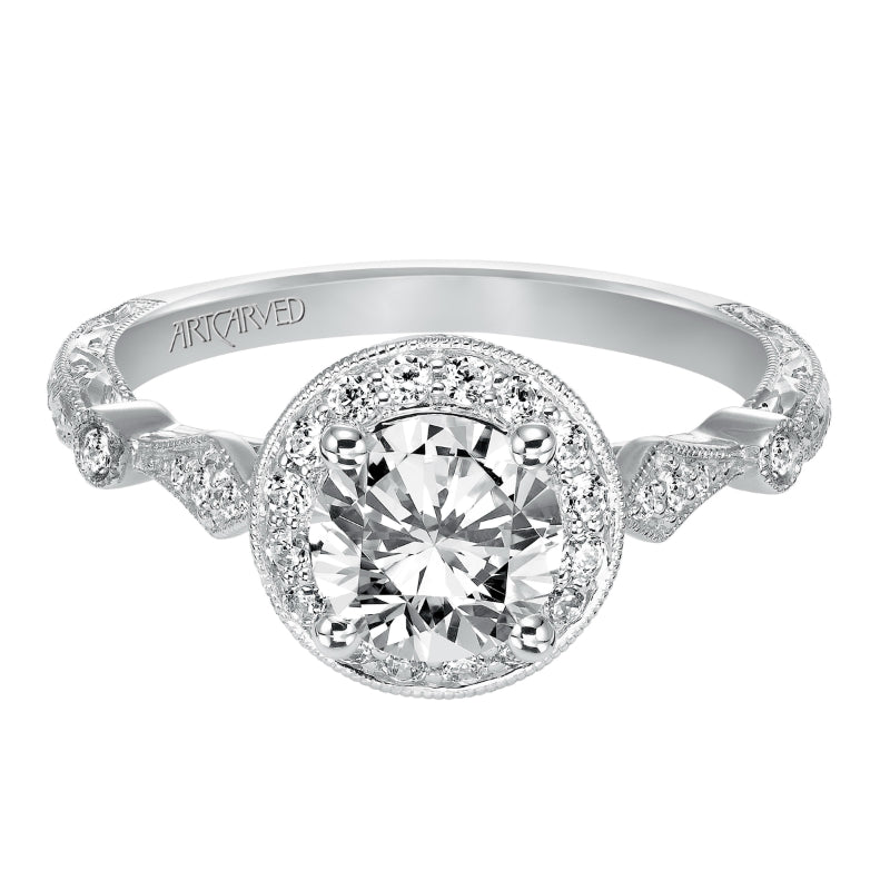 Artcarved Bridal Semi-Mounted with Side Stones Vintage Halo Engagement Ring Crystal 14K White Gold