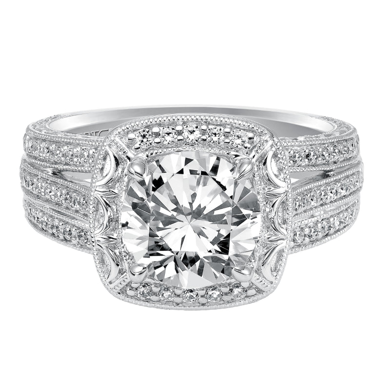 Artcarved Bridal Mounted with CZ Center Vintage Engraved Diamond Engagement Ring Miriam 14K White Gold