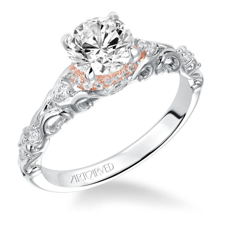 Artcarved Bridal Semi-Mounted with Side Stones Vintage Engagement Ring 14K White Gold Primary & 14K Rose Gold