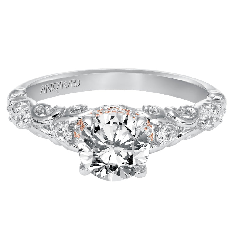 Artcarved Bridal Mounted with CZ Center Vintage Engagement Ring 14K White Gold Primary & 14K Rose Gold