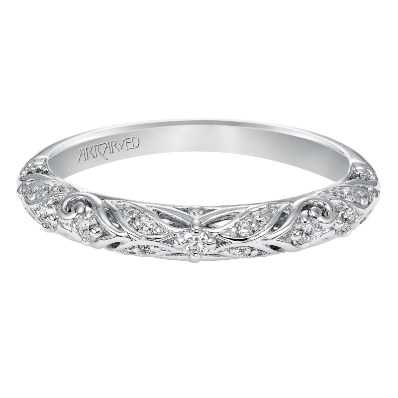 Artcarved Bridal Mounted with Side Stones Vintage Diamond Wedding Band Glenda 14K White Gold