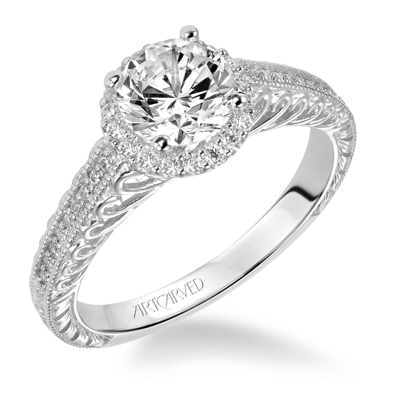 Artcarved Bridal Semi-Mounted with Side Stones Vintage Filigree Halo Engagement Ring Roseanne 14K White Gold