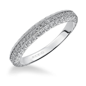 Artcarved Bridal Mounted with Side Stones Vintage Filigree Halo Diamond Wedding Band Roseanne 14K White Gold