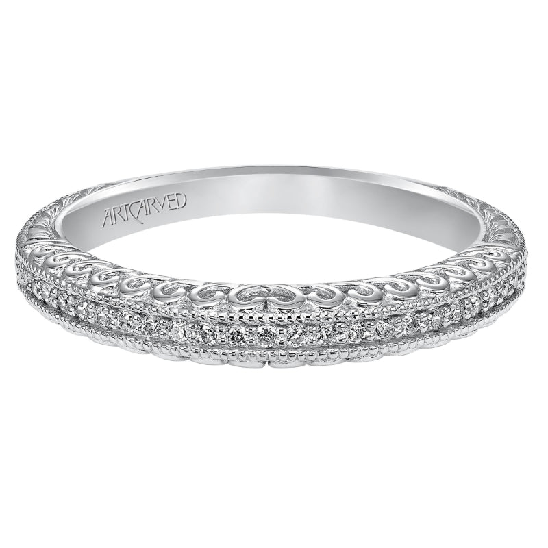 Artcarved Bridal Mounted with Side Stones Vintage Filigree Halo Diamond Wedding Band Roseanne 14K White Gold