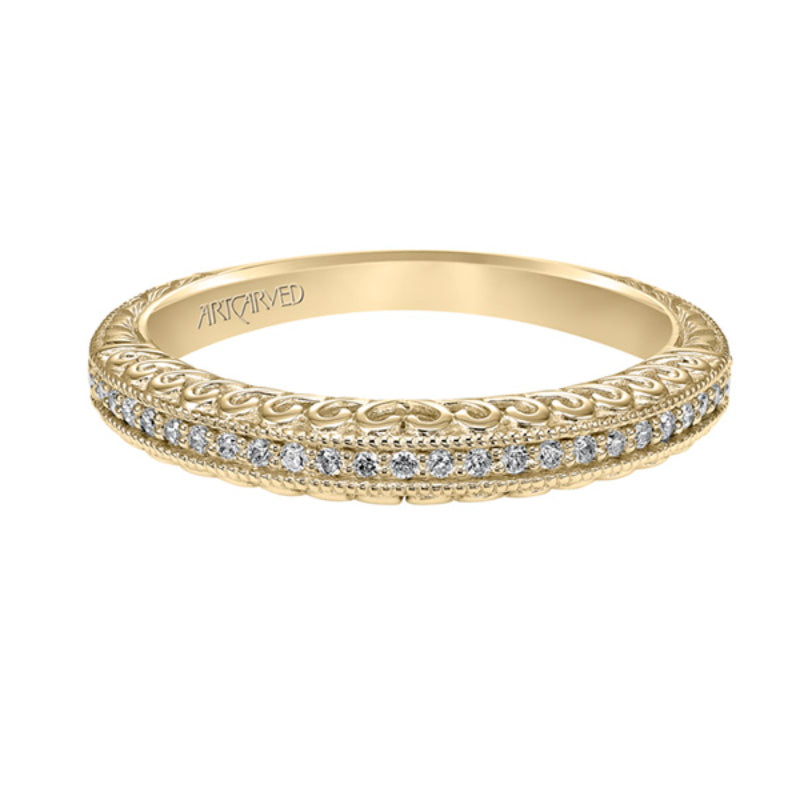 Artcarved Bridal Mounted with Side Stones Vintage Filigree Halo Diamond Wedding Band Roseanne 14K Yellow Gold