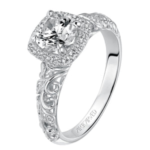 Artcarved Bridal Semi-Mounted with Side Stones Vintage Filigree Halo Engagement Ring Piper 14K White Gold