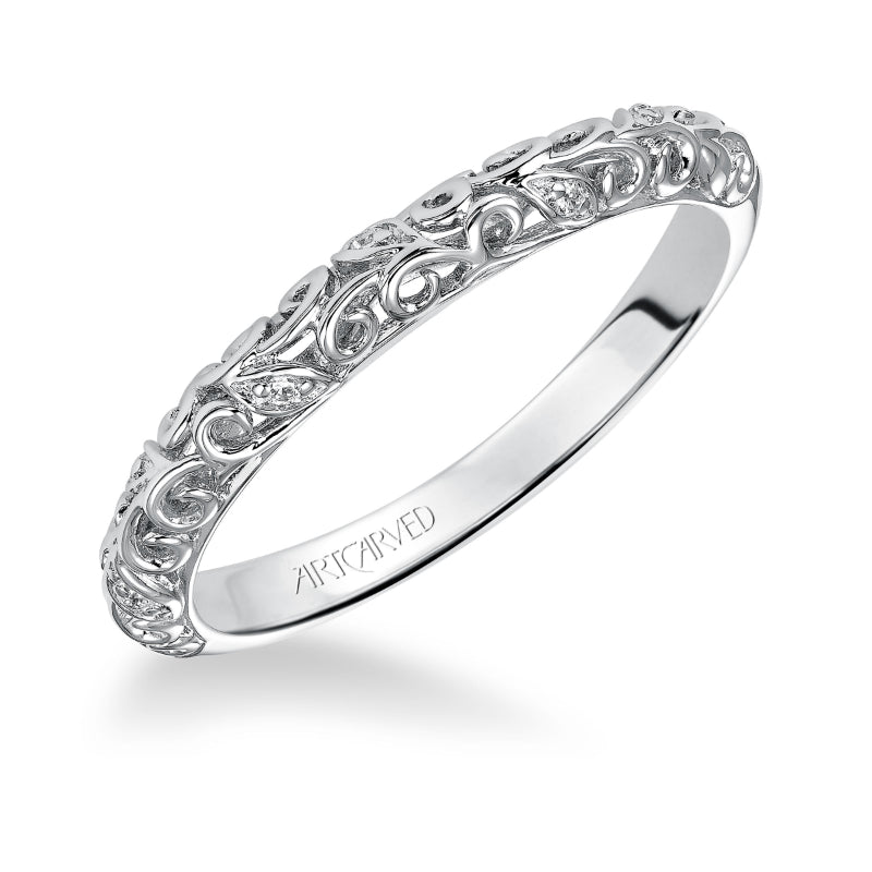 Artcarved Bridal Mounted with Side Stones Vintage Filigree Halo Diamond Wedding Band Piper 14K White Gold