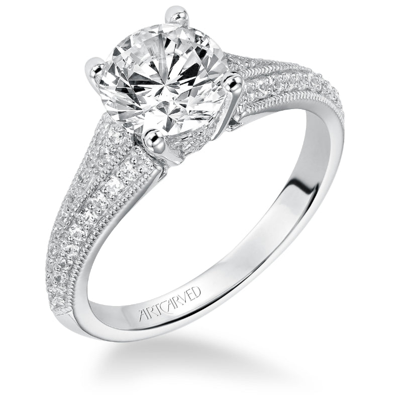 Artcarved Bridal Mounted with CZ Center Vintage Milgrain Diamond Engagement Ring Analisa 14K White Gold