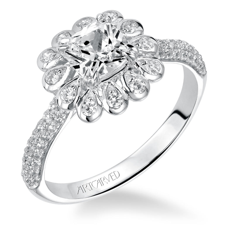 Artcarved Bridal Mounted with CZ Center Contemporary Bezel Halo Engagement Ring Idalis 14K White Gold