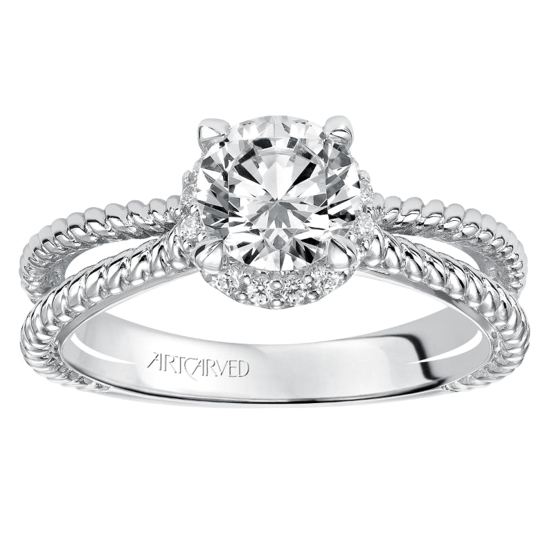 Artcarved Bridal Semi-Mounted with Side Stones Contemporary Twist Halo Engagement Ring Serina 14K White Gold