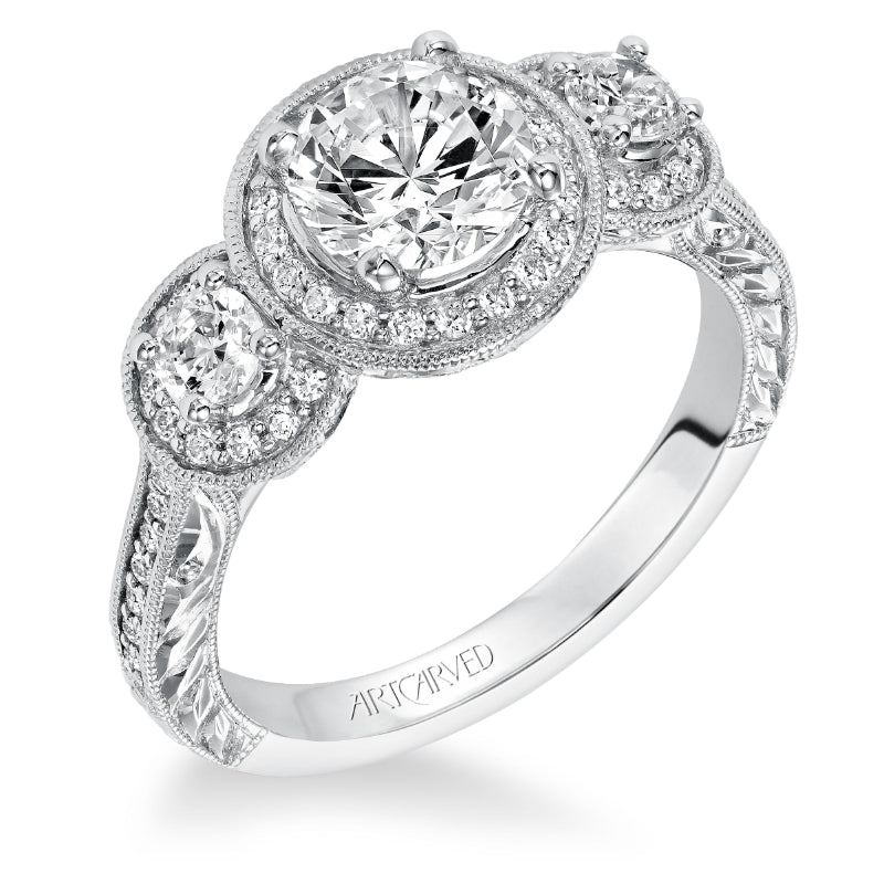 Artcarved Bridal Semi-Mounted with Side Stones Vintage Engraved 3-Stone Engagement Ring Ophelia 14K White Gold