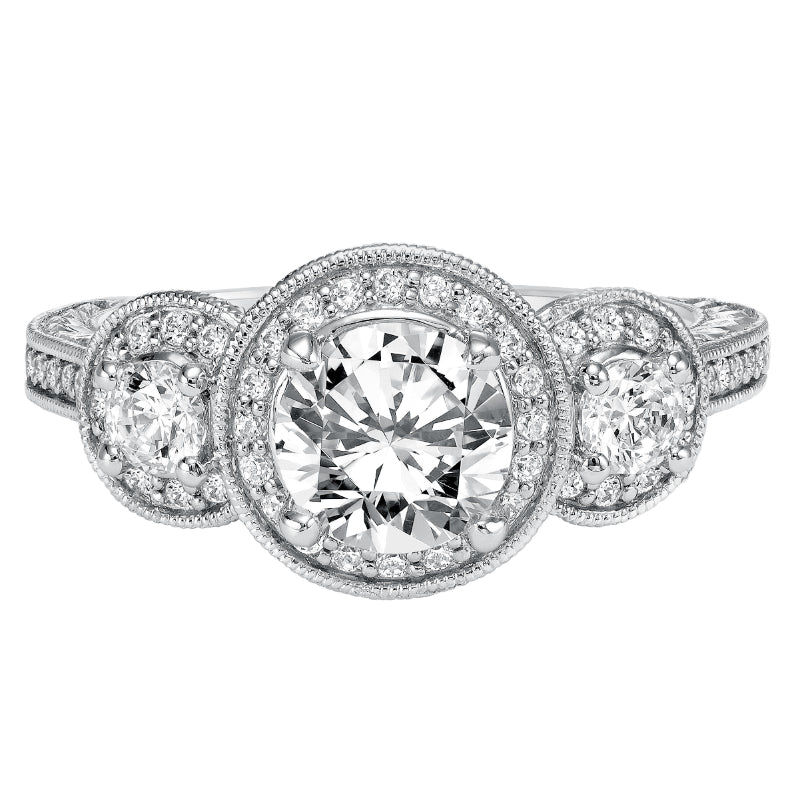 Artcarved Bridal Mounted with CZ Center Vintage Engraved 3-Stone Engagement Ring Ophelia 14K White Gold