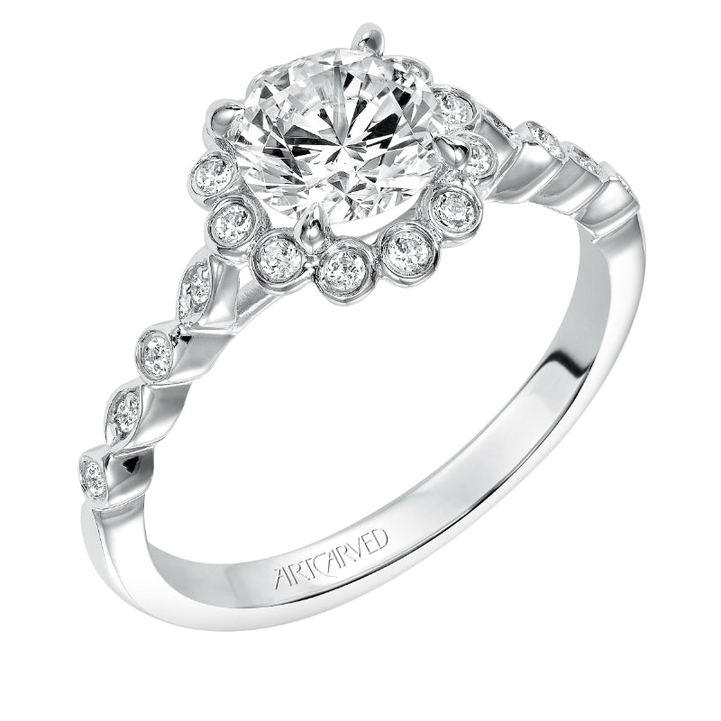 Artcarved Bridal Semi-Mounted with Side Stones Contemporary Bezel Halo Engagement Ring Pia 14K White Gold