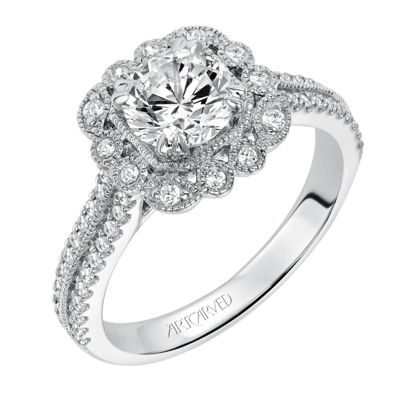 Artcarved Bridal Mounted with CZ Center Vintage Floral Halo Engagement Ring Jasmine 14K White Gold