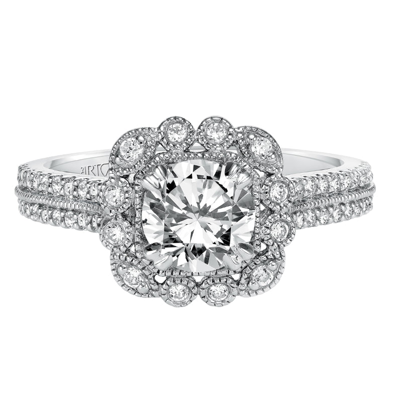 Artcarved Bridal Mounted with CZ Center Vintage Floral Halo Engagement Ring Jasmine 14K White Gold