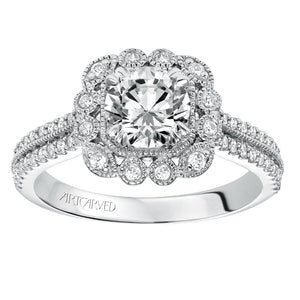 Artcarved Bridal Mounted with CZ Center Vintage Floral Halo Engagement Ring Jasmine 14K White Gold