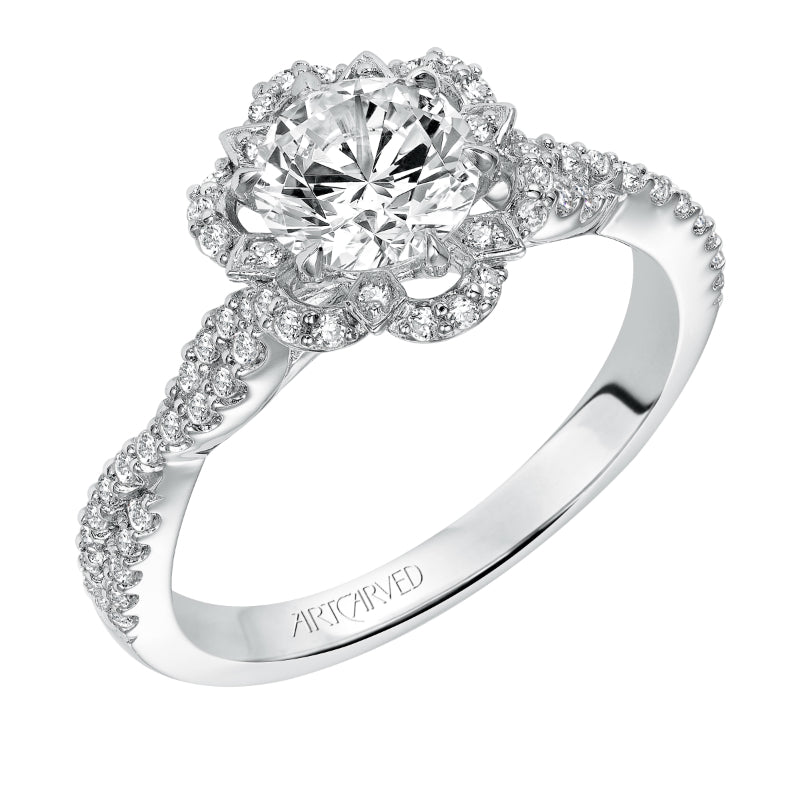 Artcarved Bridal Semi-Mounted with Side Stones Contemporary Floral Halo Engagement Ring Monique 14K White Gold