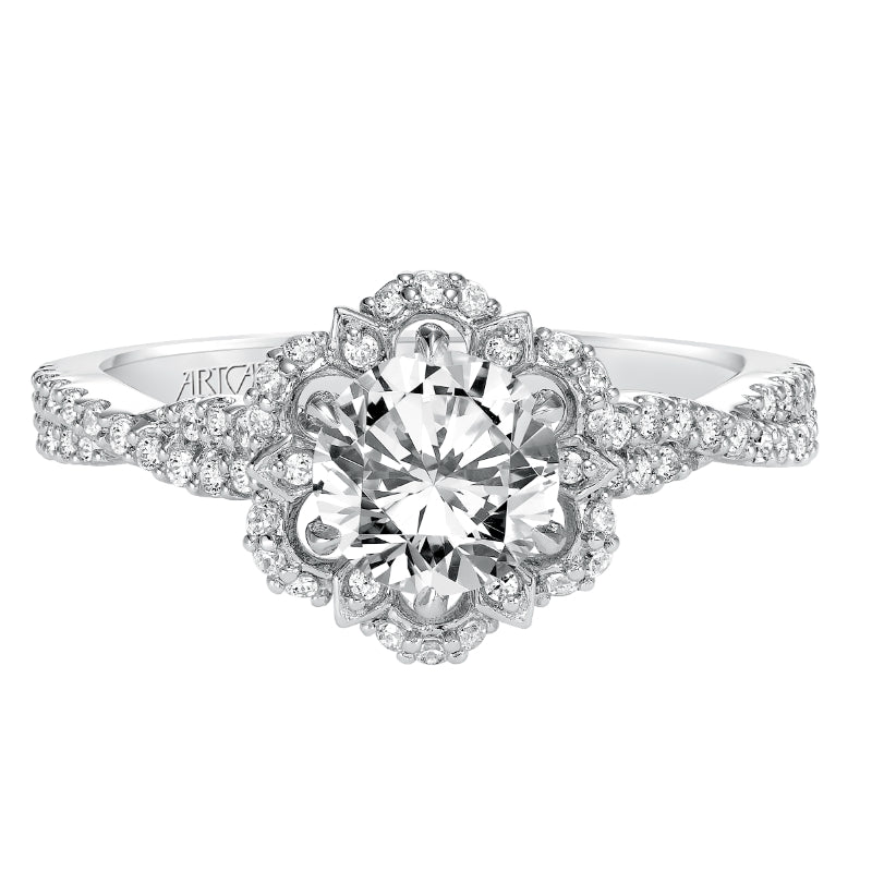 Artcarved Bridal Semi-Mounted with Side Stones Contemporary Floral Halo Engagement Ring Monique 14K White Gold