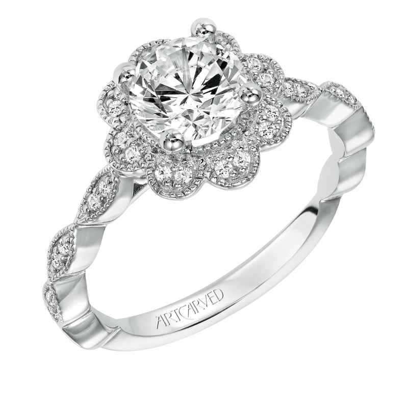 Artcarved Bridal Semi-Mounted with Side Stones Vintage Floral Halo Engagement Ring Sabina 14K White Gold