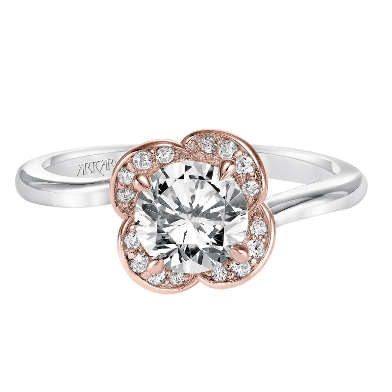 Artcarved Bridal Semi-Mounted with Side Stones Contemporary Floral Halo Engagement Ring Josephina 14K White Gold Primary & 14K Rose Gold