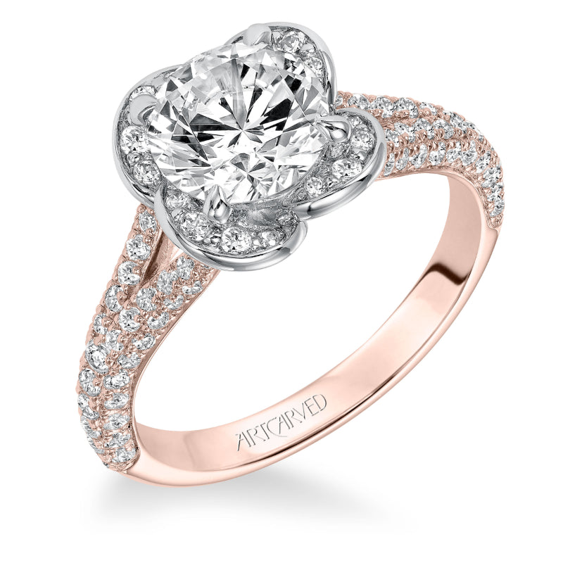 Artcarved Bridal Mounted with CZ Center Contemporary Floral Halo Engagement Ring Katalina 14K Rose Gold Primary & White Gold