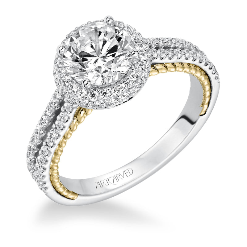 Artcarved Bridal Semi-Mounted with Side Stones Contemporary Rope Halo Engagement Ring Emmeline 14K White Gold Primary & 14K Yellow Gold