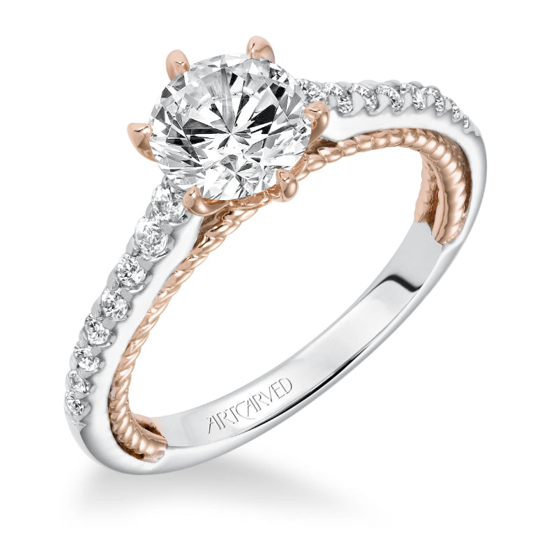 Artcarved Bridal Semi-Mounted with Side Stones Contemporary Rope Engagement Ring Ilena 14K White Gold Primary & 14K Rose Gold