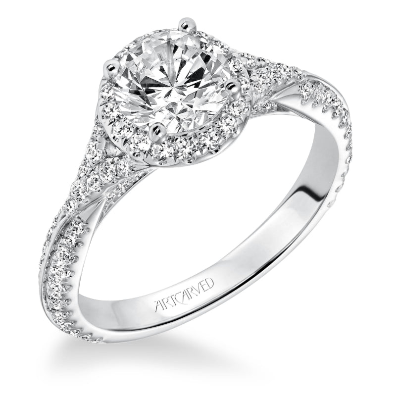 Artcarved Bridal Semi-Mounted with Side Stones Contemporary Twist Halo Engagement Ring Liana 14K White Gold