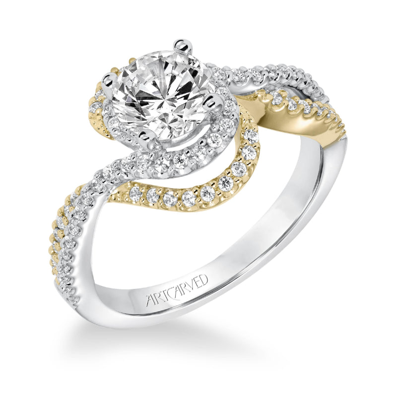 Artcarved Bridal Semi-Mounted with Side Stones Contemporary Halo Engagement Ring Adeena 14K White Gold Primary & 14K Yellow Gold