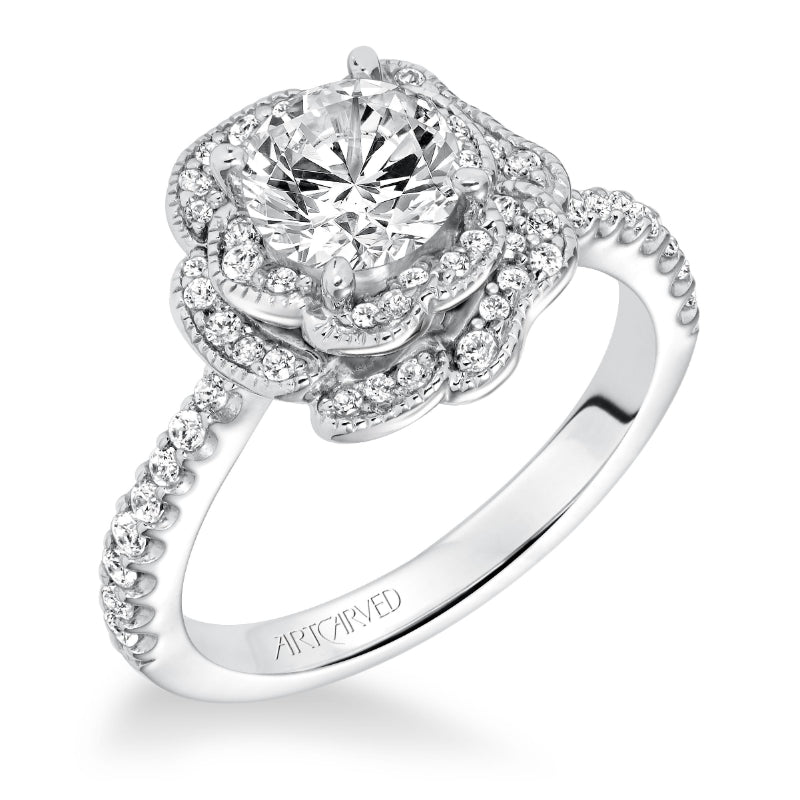 Artcarved Bridal Semi-Mounted with Side Stones Contemporary Floral Halo Engagement Ring Sabrina 14K White Gold