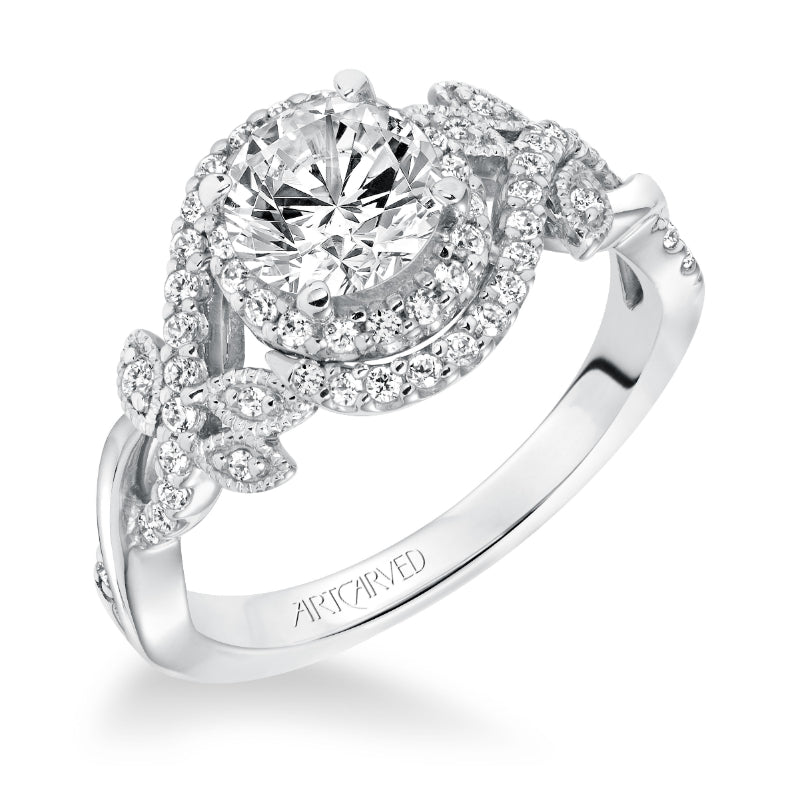 Artcarved Bridal Semi-Mounted with Side Stones Contemporary Floral Halo Engagement Ring Zara 14K White Gold