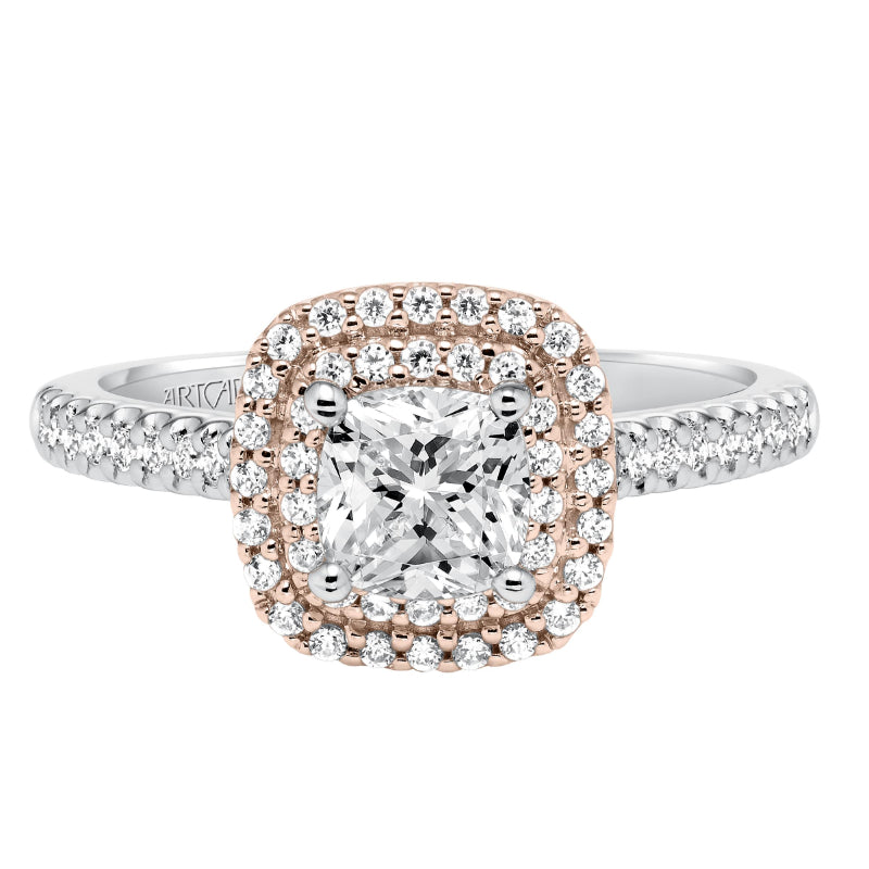 Artcarved Bridal Semi-Mounted with Side Stones Classic Halo Engagement Ring Avril 14K White Gold Primary & 14K Rose Gold