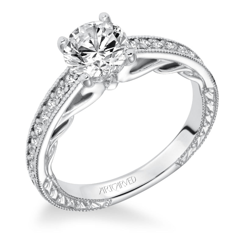 Artcarved Bridal Semi-Mounted with Side Stones Vintage Filigree Diamond Engagement Ring Ferm 14K White Gold