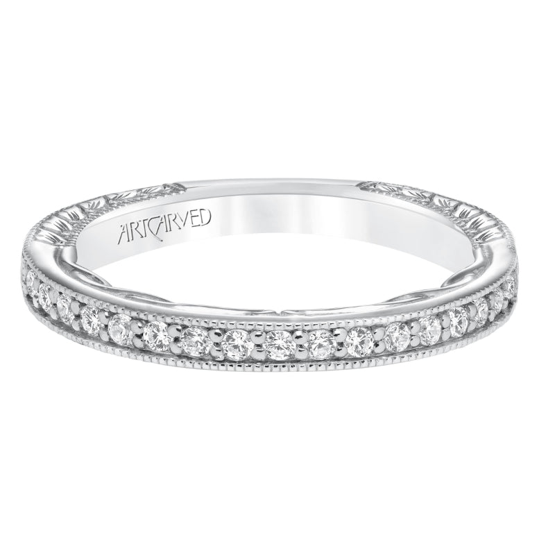 Artcarved Bridal Mounted with Side Stones Vintage Filigree Diamond Wedding Band Ferm 14K White Gold