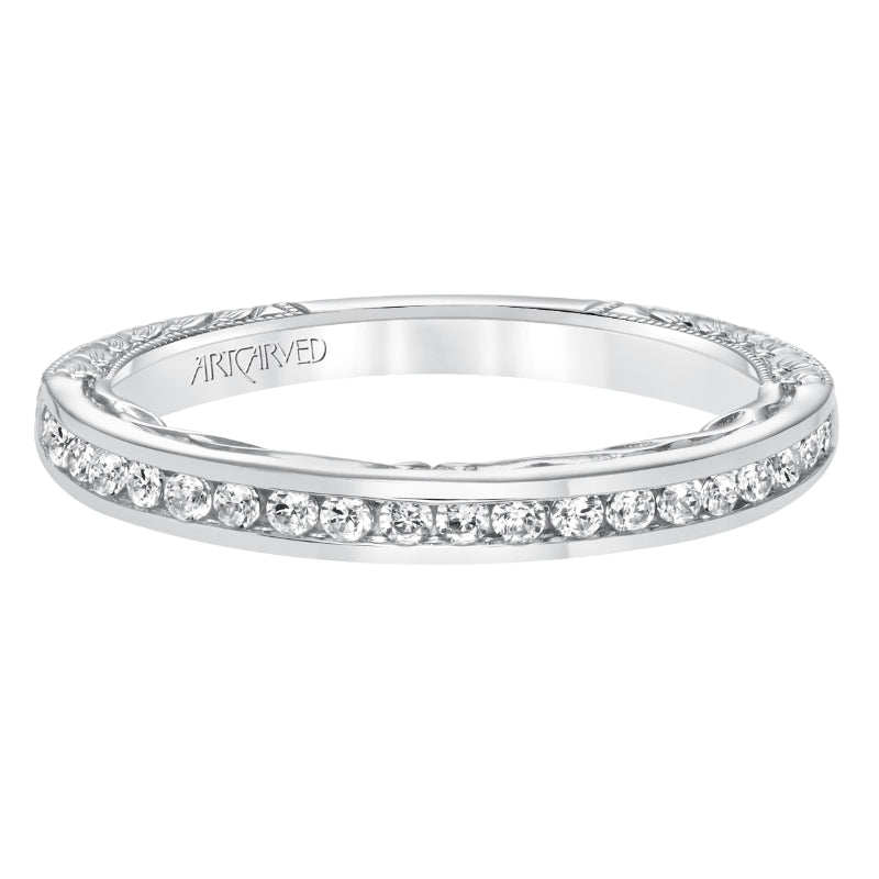 Artcarved Bridal Mounted with Side Stones Vintage Filigree Diamond Wedding Band Tilda 14K White Gold