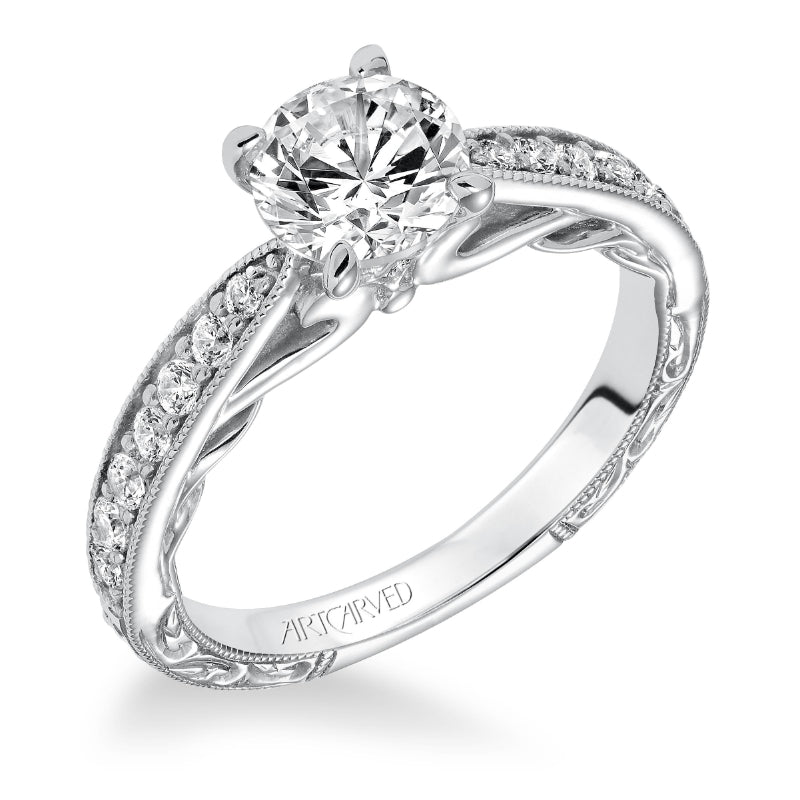 Artcarved Bridal Semi-Mounted with Side Stones Vintage Filigree Diamond Engagement Ring Geneva 14K White Gold
