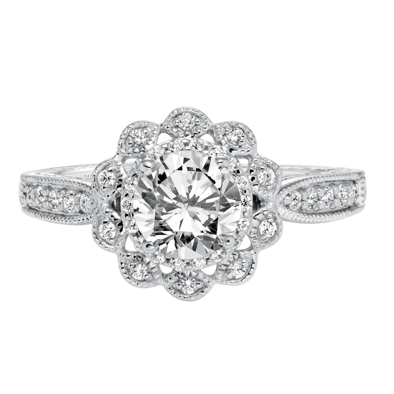 Artcarved Bridal Semi-Mounted with Side Stones Vintage Filigree Halo Engagement Ring Primrose 14K White Gold