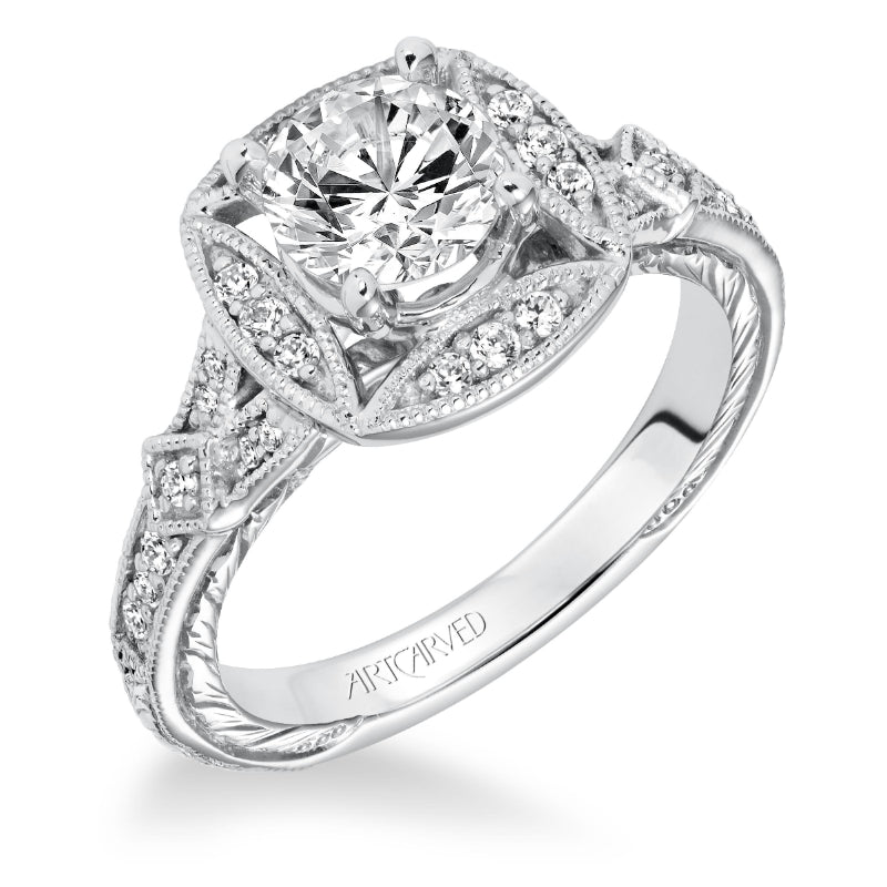 Artcarved Bridal Semi-Mounted with Side Stones Vintage Engraved Halo Engagement Ring Lorraine 14K White Gold