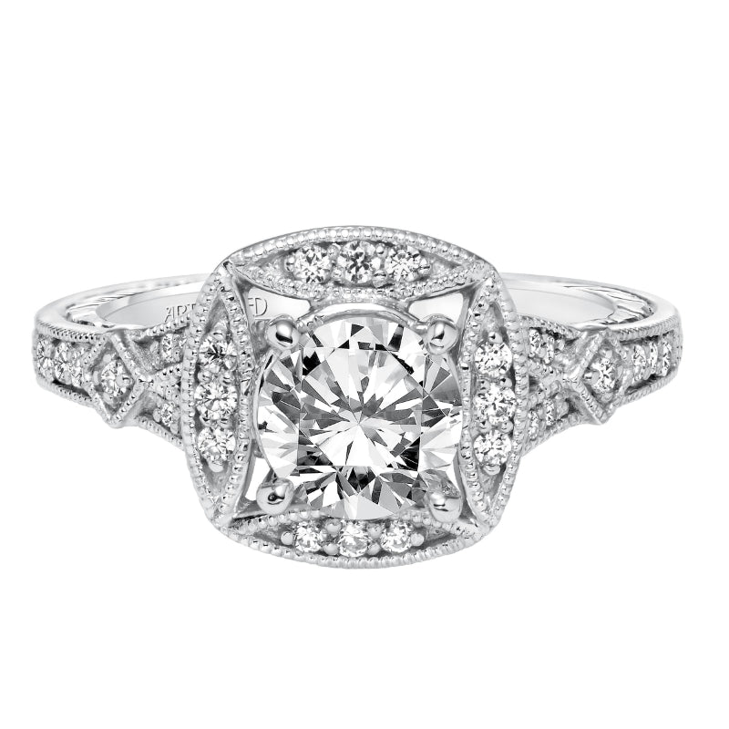 Artcarved Bridal Semi-Mounted with Side Stones Vintage Engraved Halo Engagement Ring Lorraine 14K White Gold