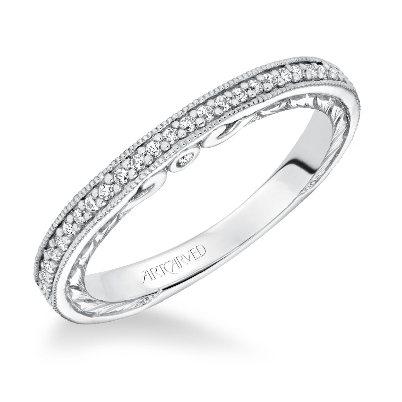 Artcarved Bridal Mounted with Side Stones Vintage Engraved Halo Diamond Wedding Band Lorraine 14K White Gold