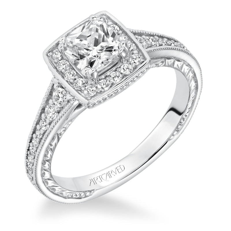 Artcarved Bridal Semi-Mounted with Side Stones Vintage Filigree Halo Engagement Ring Millicent 14K White Gold