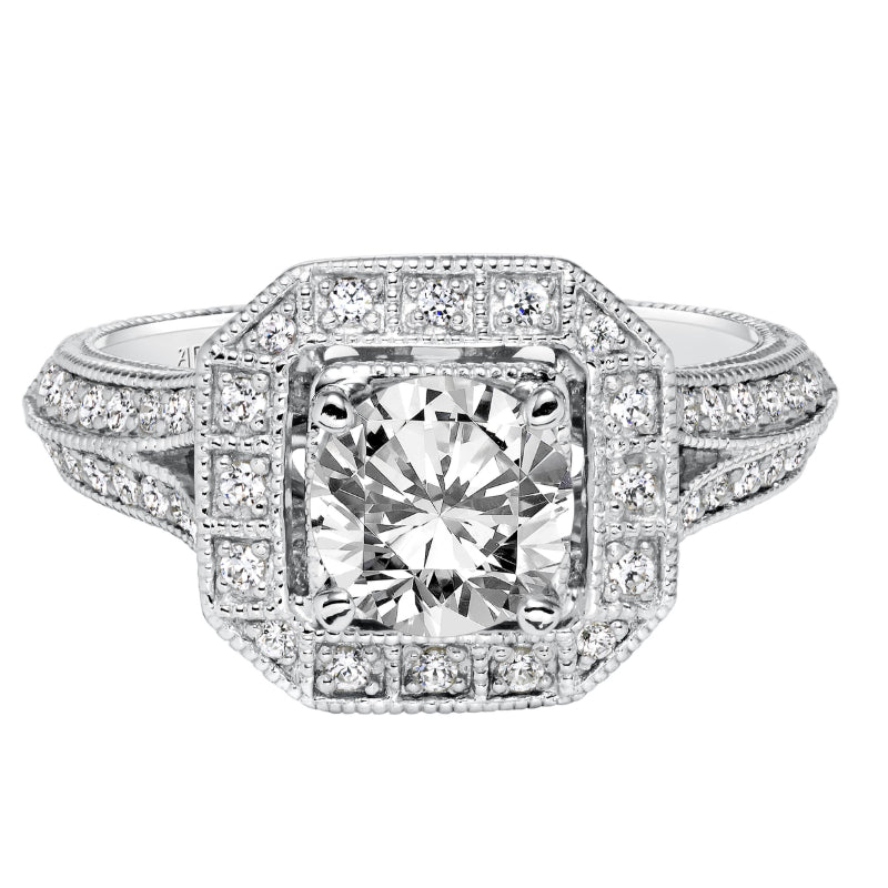 Artcarved Bridal Semi-Mounted with Side Stones Vintage Engraved Halo Engagement Ring Delphine 14K White Gold