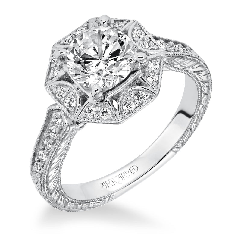 Artcarved Bridal Semi-Mounted with Side Stones Vintage Engraved Halo Engagement Ring Wihelmina 14K White Gold