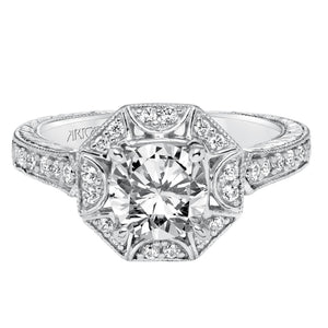 Artcarved Bridal Semi-Mounted with Side Stones Vintage Engraved Halo Engagement Ring Wihelmina 14K White Gold